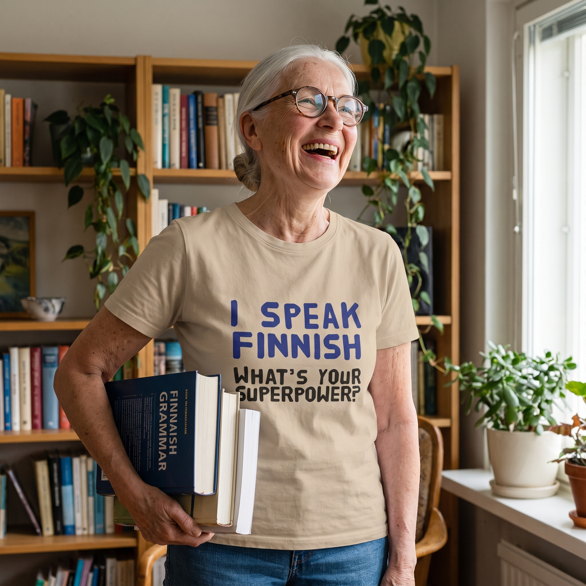 What's your superpower? organic t-shirt in desert dust, worn by Raija laughing with an armful of books, Very Finnish Problems