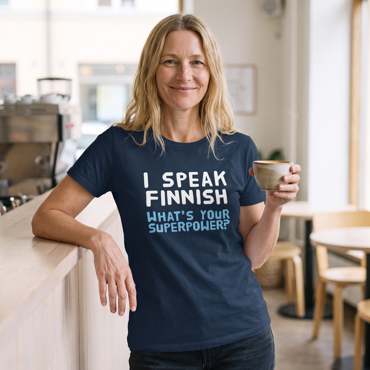 What's your superpower? organic t-shirt in french navy, worn by Elina leaning on a cafe counter, Very Finnish Problems