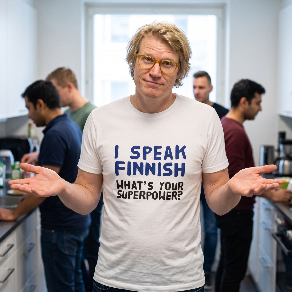 What's your superpower? organic t-shirt in white, worn by Tuomas mid-shrug in an office kitchen, Very Finnish Problems