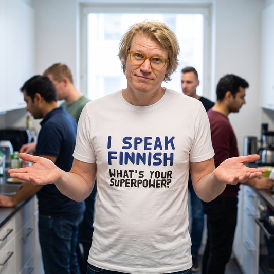 What's your superpower? organic t-shirt in white, worn by Tuomas mid-shrug in an office kitchen, Very Finnish Problems