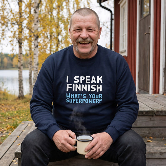 What's Your Superpower sweatshirt in navy, worn by Juha laughing on the steps of a red summer cottage, Very Finnish Problems