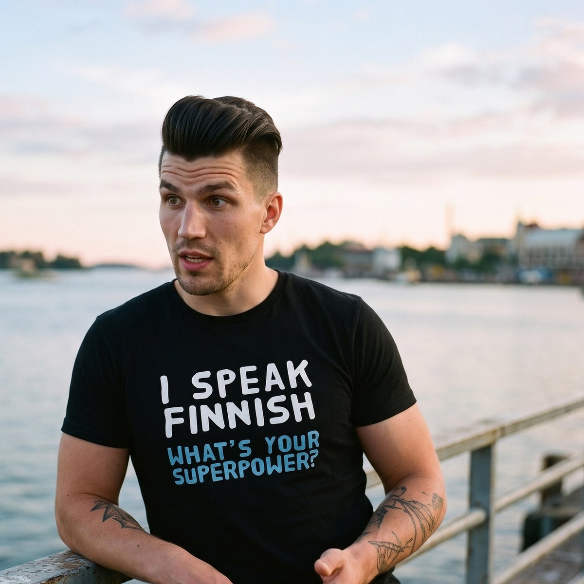 What's Your Superpower t-shirt in black, worn by Eetu mid-conversation on the Helsinki seafront, Very Finnish Problems