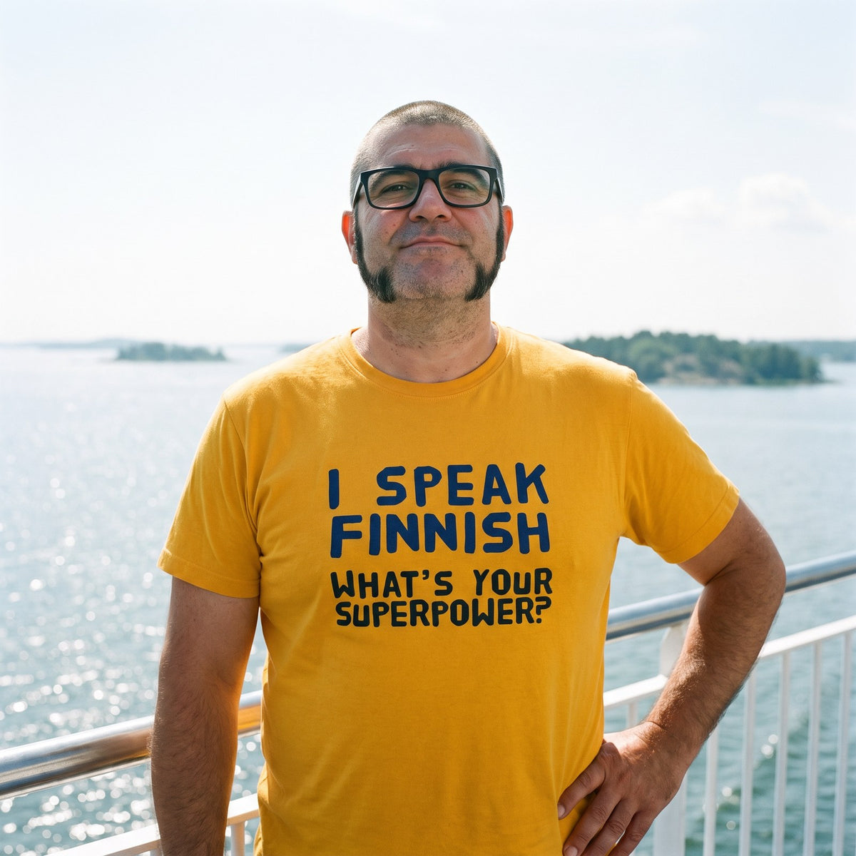 What's Your Superpower t-shirt in gold, worn by Jaska on the deck of an island ferry, Very Finnish Problems