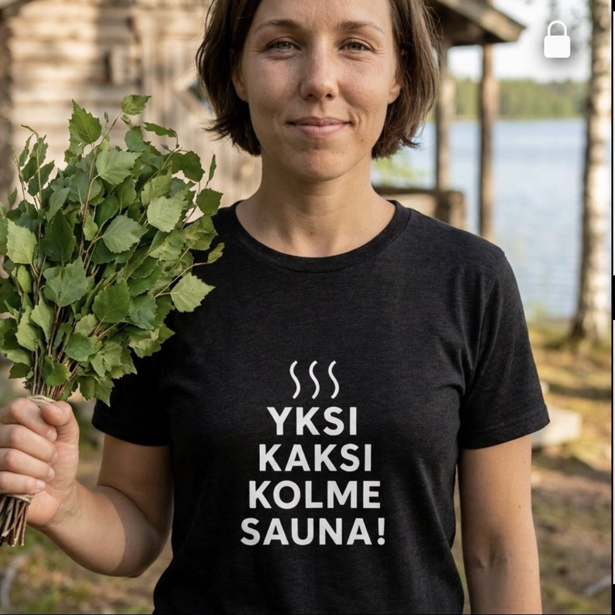 Woman by a Finnish lakeside sauna wearing the black Yksi kaksi kolme sauna t-shirt by Very Finnish Problems