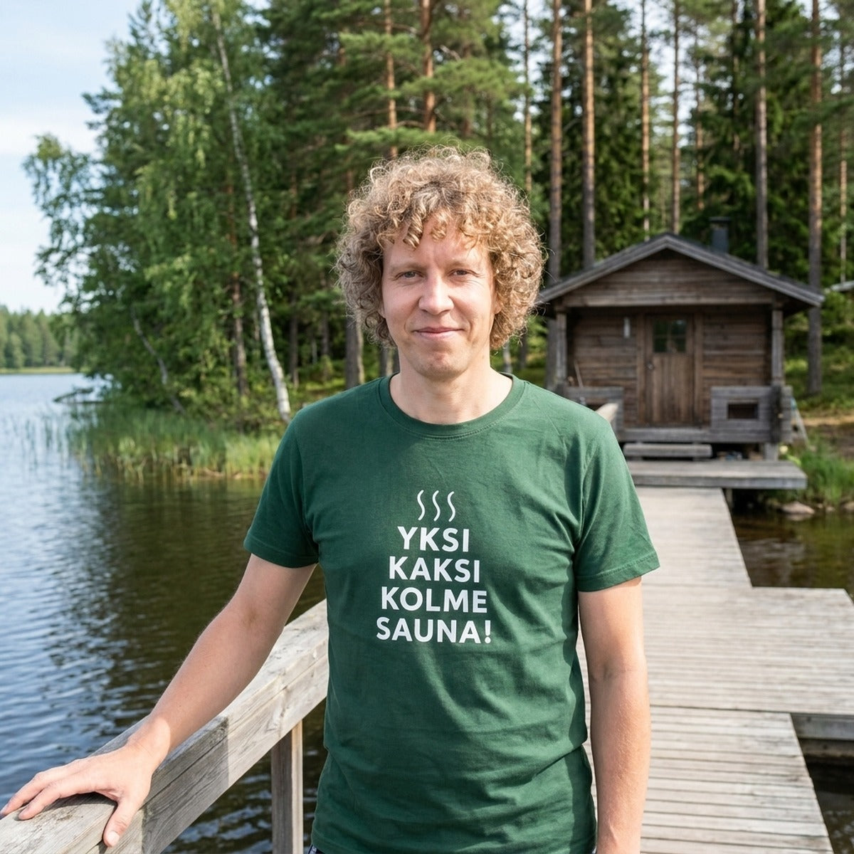 Forest green Yksi kaksi kolme sauna t-shirt by a Finnish lake by Very Finnish Problems