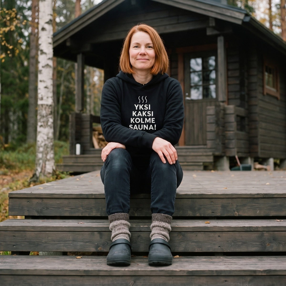 Yksi, kaksi, kolme, sauna! hoodie in black, worn by a woman sitting on the steps of a lakeside sauna in autumn, Very Finnish Problems