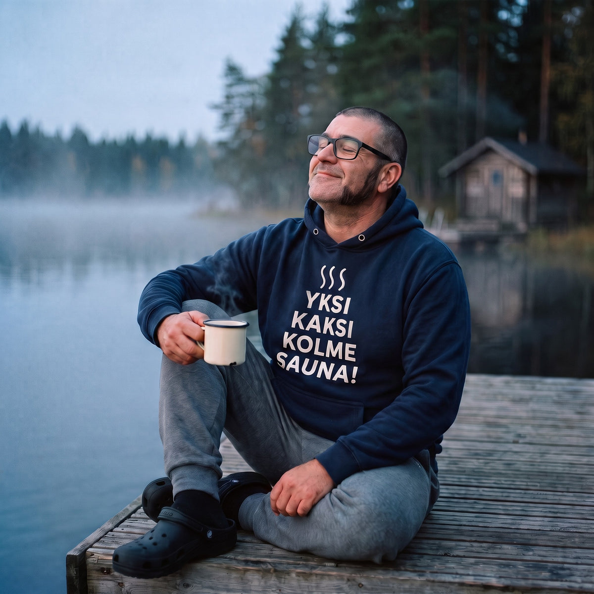 Yksi, kaksi, kolme, sauna! hoodie in navy, worn by a man with a coffee mug on a misty lake jetty, Very Finnish Problems