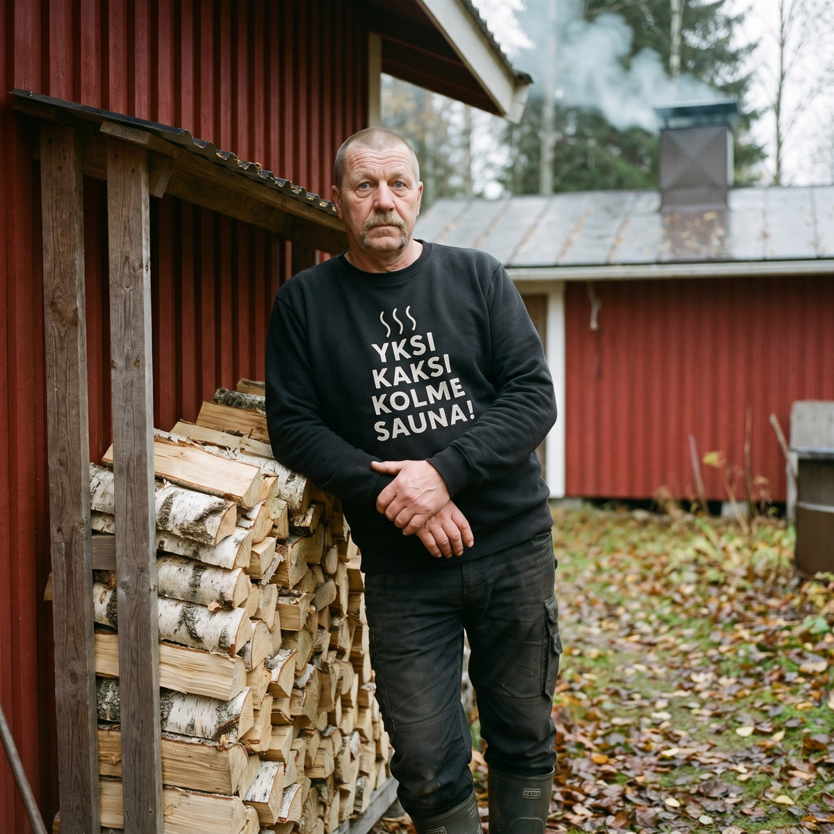 Yksi, kaksi, kolme, sauna! sweatshirt in black, worn by a man with a moustache leaning on a log store behind a red Finnish cottage, Very Finnish Problems