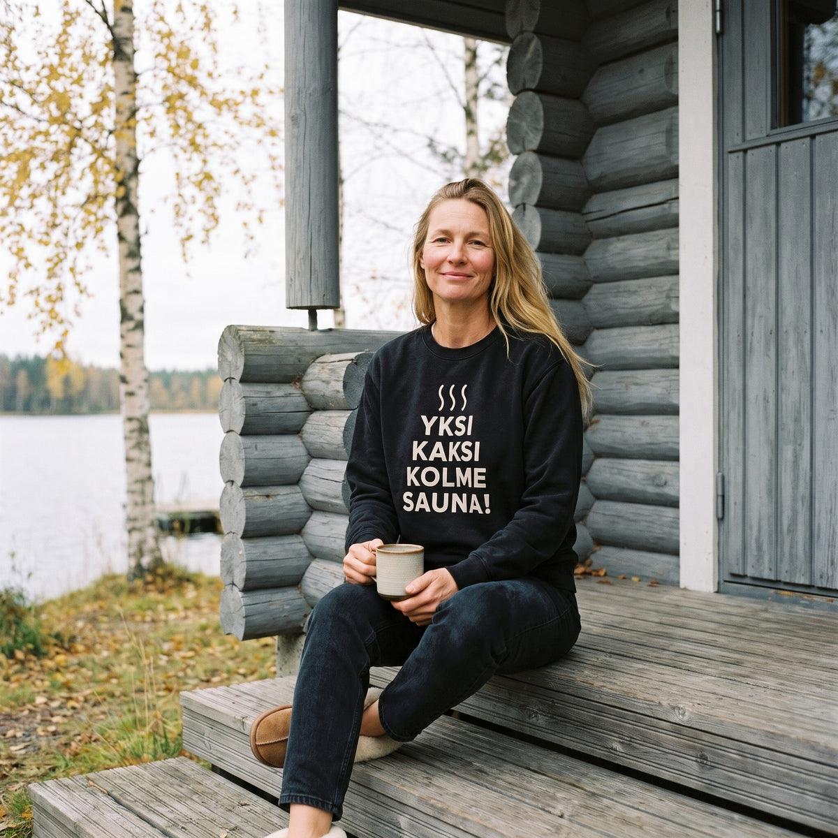 Yksi, kaksi, kolme, sauna! sweatshirt in black, worn by a woman with a mug of coffee on the steps of a lakeside log sauna in autumn, Very Finnish Problems