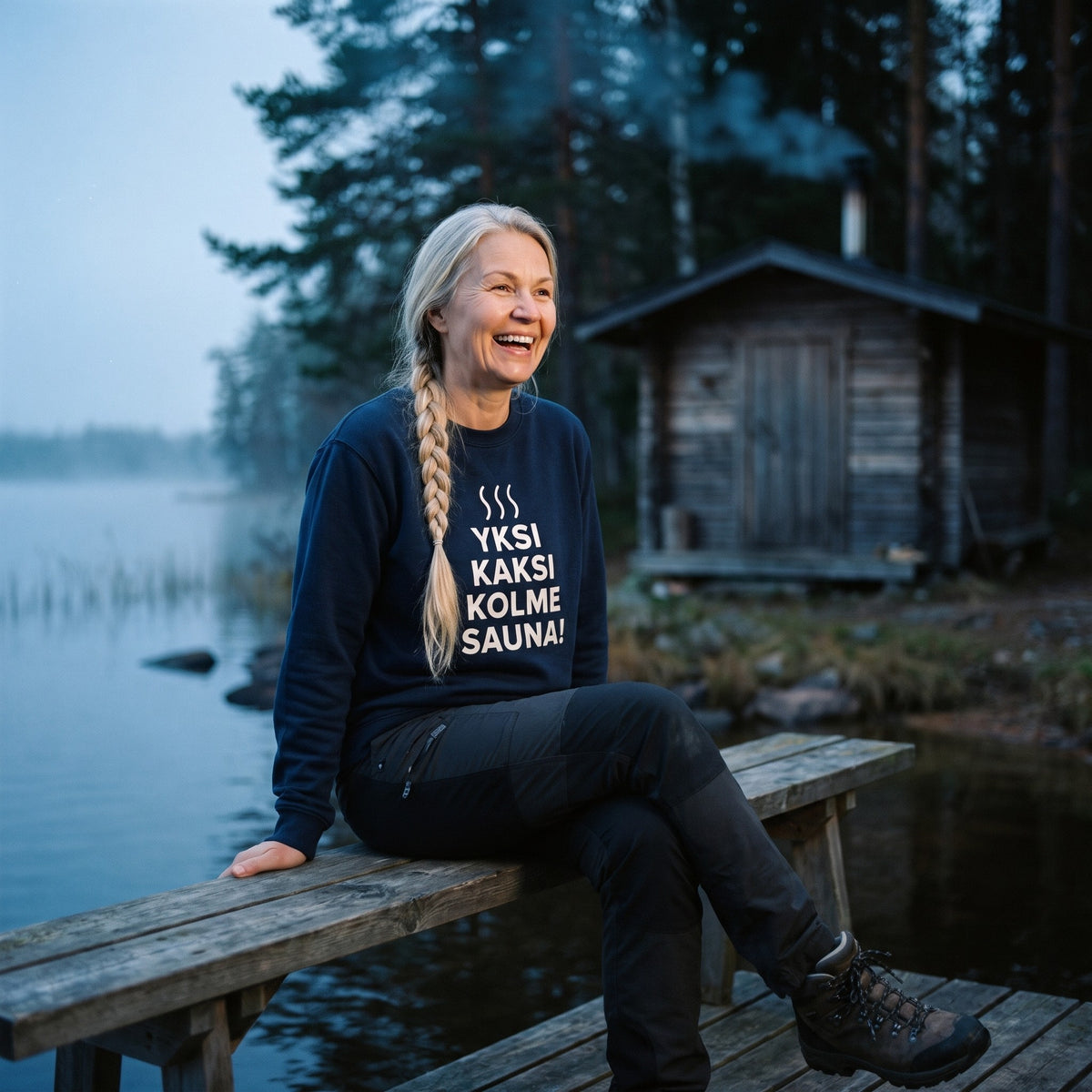 Yksi, kaksi, kolme, sauna! sweatshirt in navy, worn by a laughing woman with a long plait on a bench by a misty lake sauna at dusk, Very Finnish Problems