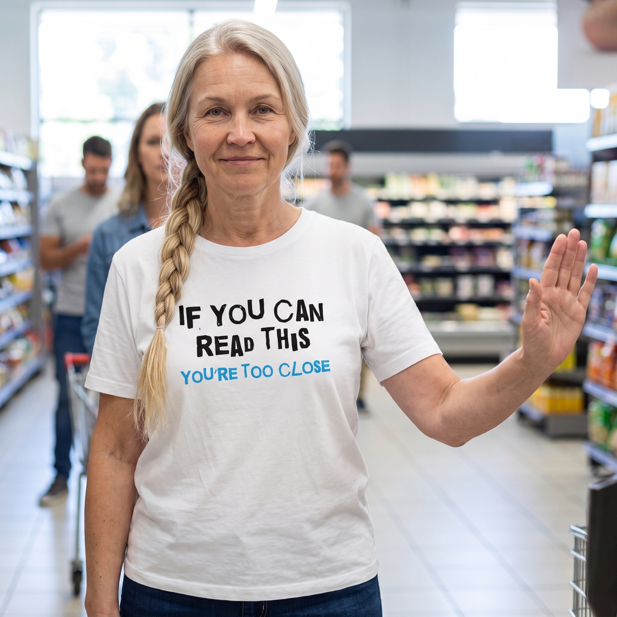 You're Too Close t-shirt in white, worn by Anneli keeping her distance in a supermarket queue, Very Finnish Problems