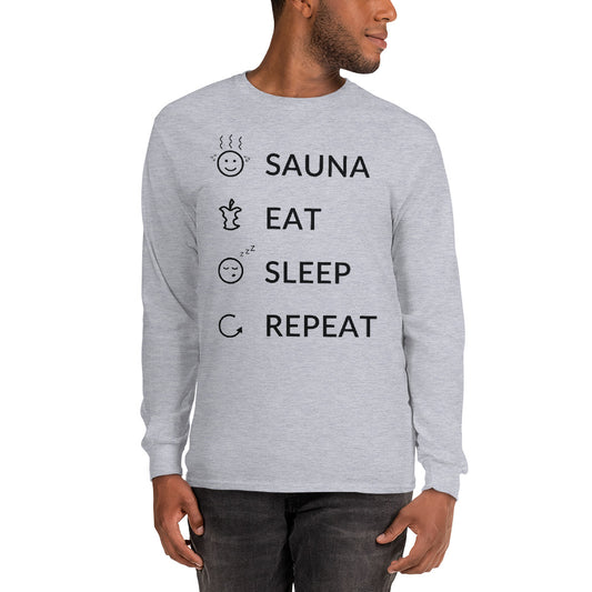Sauna eat sleep repeat Men’s Long Sleeve Shirt Finnish long sleeve t-shirt - alternate view - Very Finnish Problems