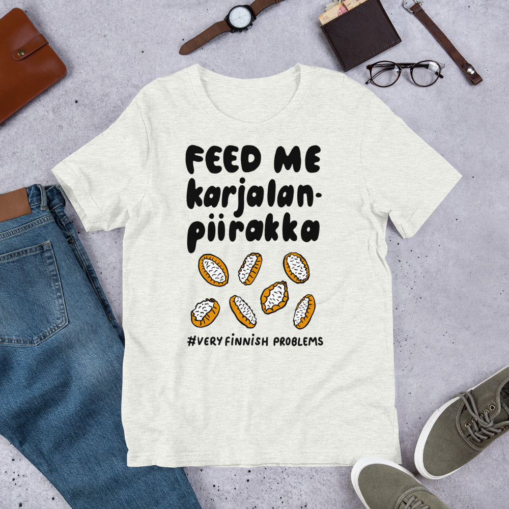 Feed Me Karjalanpiirakka Finnish Food T-Shirt - Finnish t-shirt from Very Finnish Problems