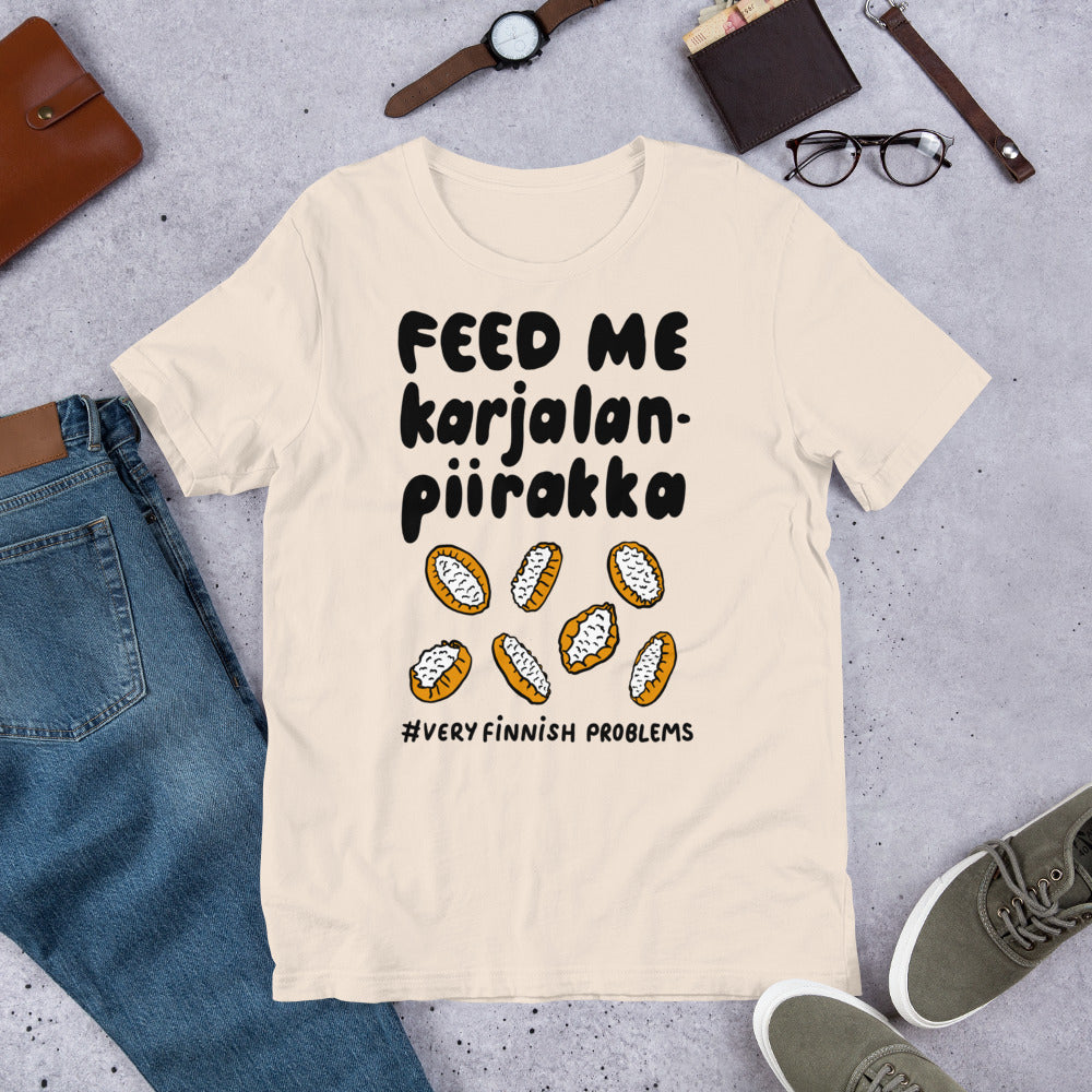 Feed Me Karjalanpiirakka Finnish Food T-Shirt - Finnish t-shirt from Very Finnish Problems