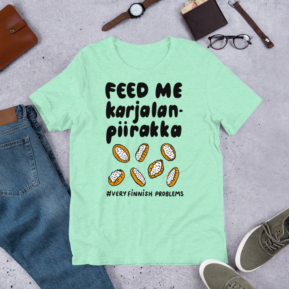 Feed Me Karjalanpiirakka Finnish Food T-Shirt - Finnish t-shirt from Very Finnish Problems
