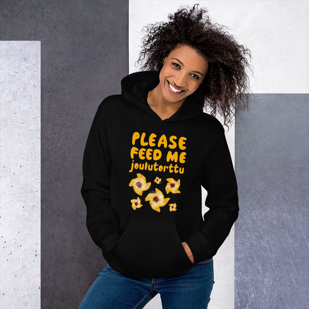 Feed me Joulutorttu Finnish hoodie detail - Very Finnish Problems official merchandise