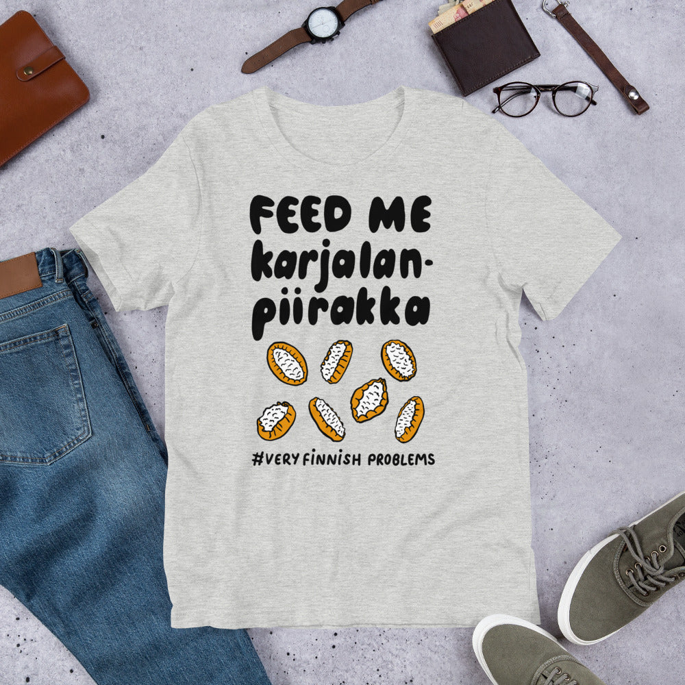 Feed Me Karjalanpiirakka Finnish Food T-Shirt - Finnish t-shirt from Very Finnish Problems