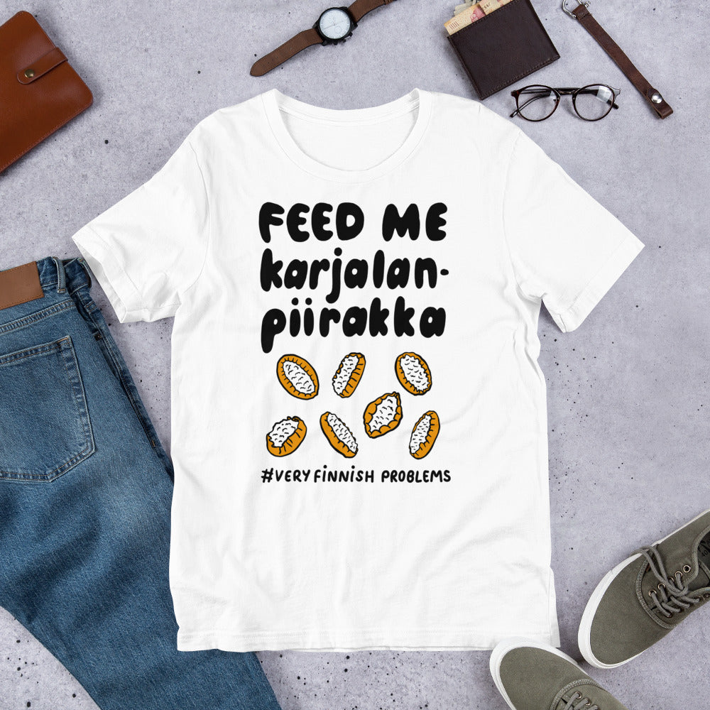 Feed Me Karjalanpiirakka Finnish Food T-Shirt - Finnish t-shirt from Very Finnish Problems