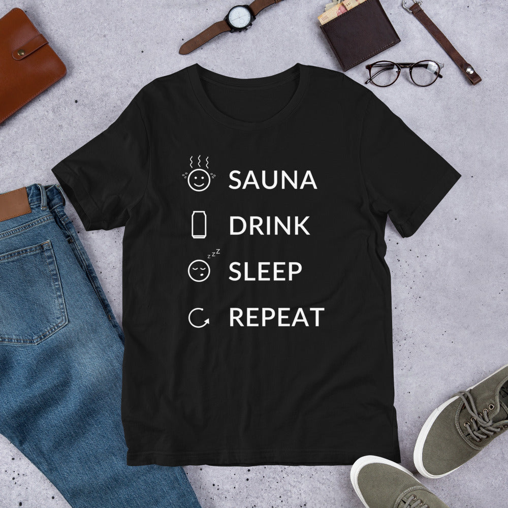 Sauna, Drink, Sleep, Repeat Finnish t-shirt detail - Very Finnish Problems official merchandise