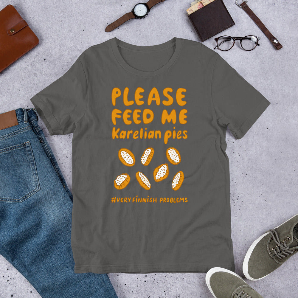Feed me Karelian Pies II Finnish Food T-Shirt - Finnish t-shirt from Very Finnish Problems