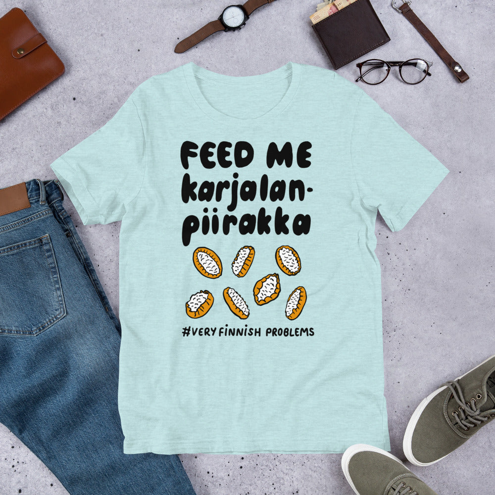 Feed Me Karjalanpiirakka Finnish Food T-Shirt - Finnish t-shirt from Very Finnish Problems