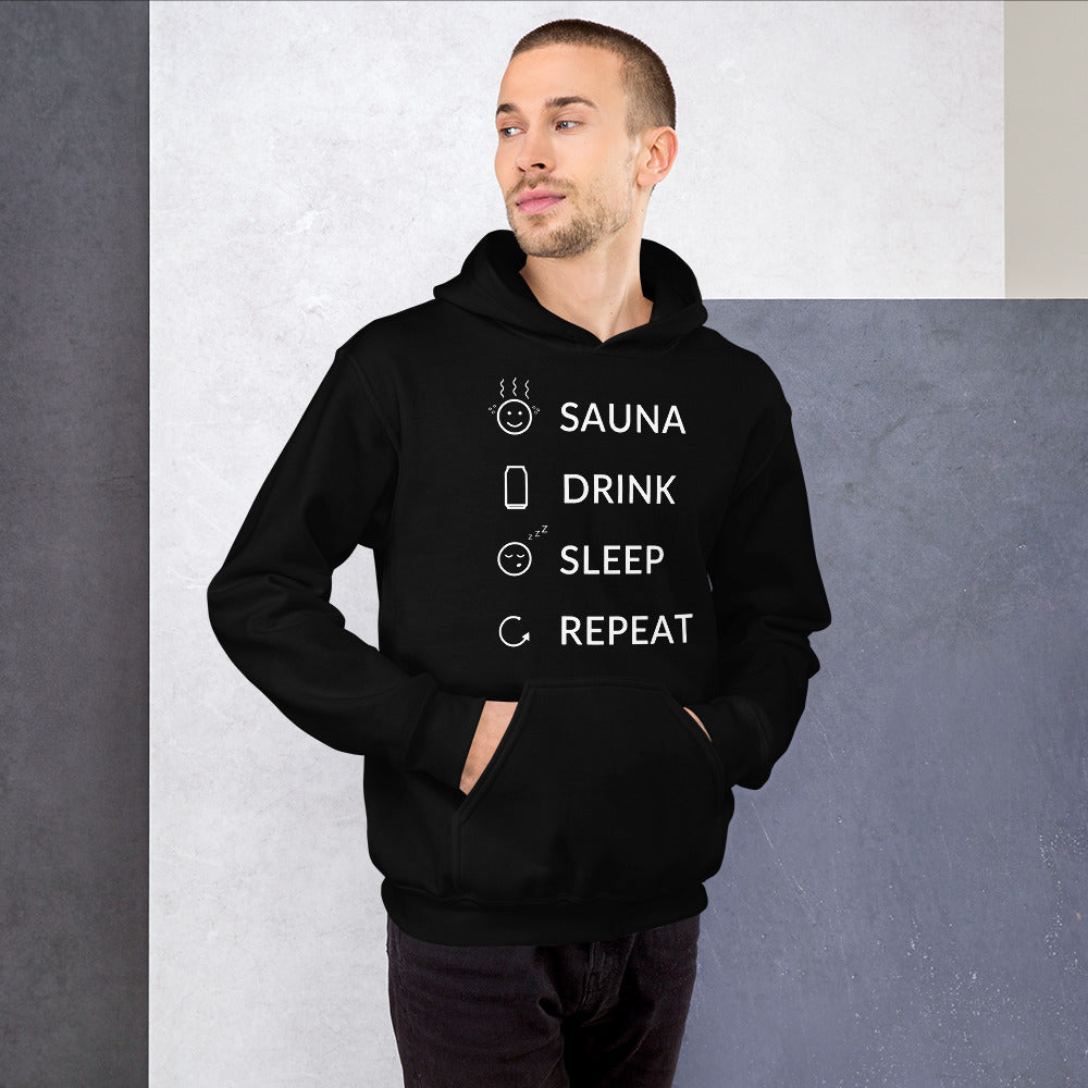 Sauna, Drink, Sleep, Repeat Finnish hoodie detail - Very Finnish Problems official merchandise
