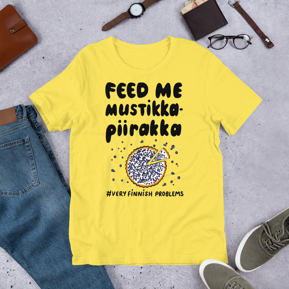 Feed Me Mustikkapiirakka Finnish Food T-Shirt - Finnish t-shirt from Very Finnish Problems