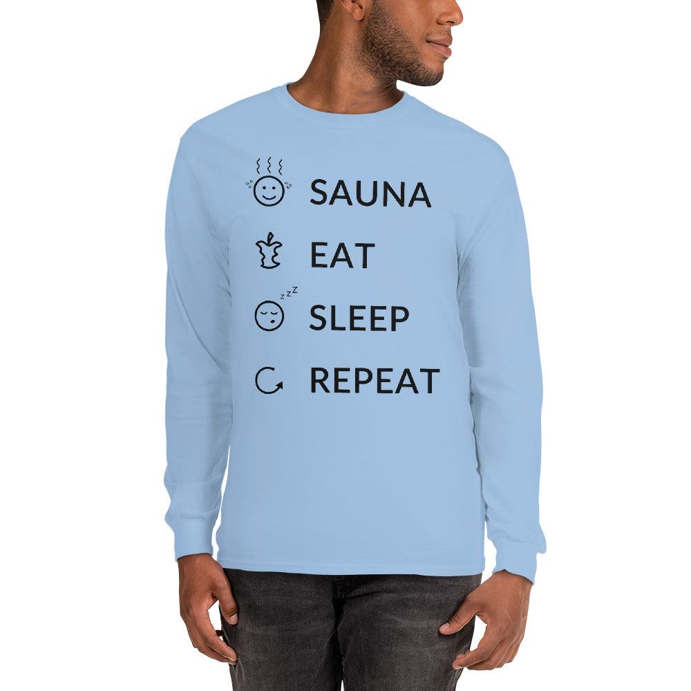 Sauna eat sleep repeat Men’s Long Sleeve Shirt Finnish long sleeve t-shirt detail - Very Finnish Problems official merchandise