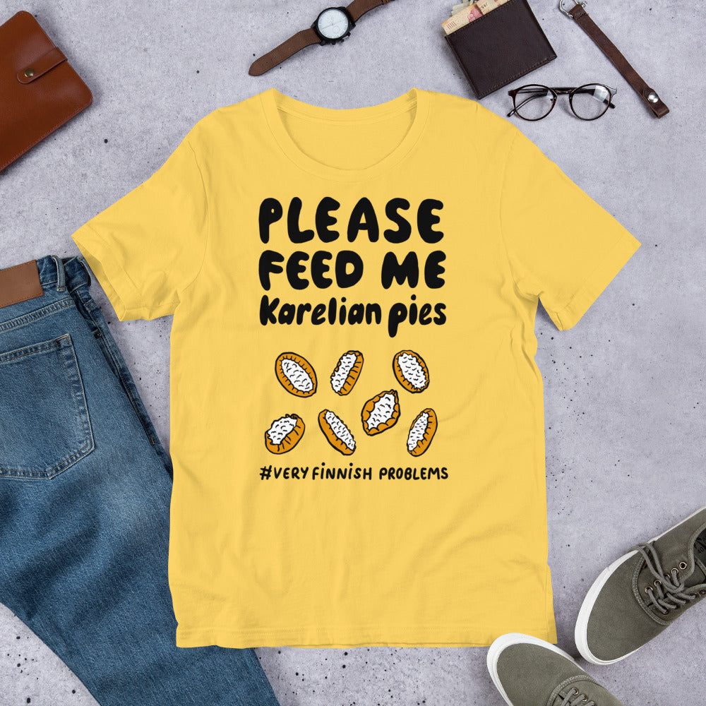 Feed me Karelian Pies II Finnish Food T-Shirt - Finnish t-shirt from Very Finnish Problems