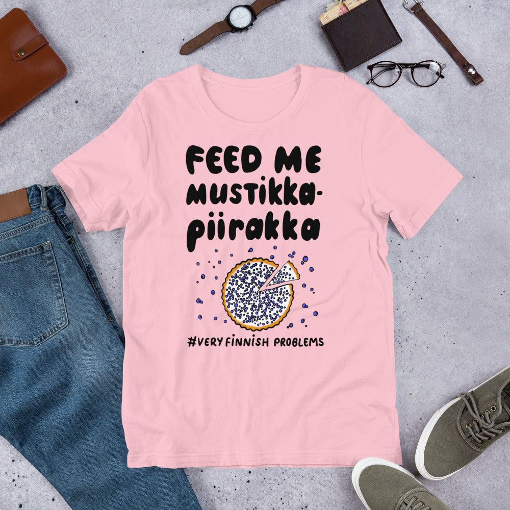 Feed Me Mustikkapiirakka Finnish Food T-Shirt - Finnish t-shirt from Very Finnish Problems