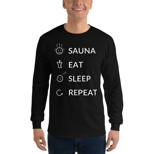 Sauna eat sleep repeat Men’s Long Sleeve Shirt - Very Finnish Problems official Finnish long sleeve t-shirt design