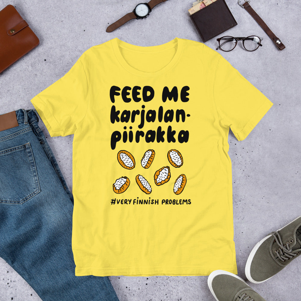 Feed Me Karjalanpiirakka Finnish Food T-Shirt - Finnish t-shirt from Very Finnish Problems