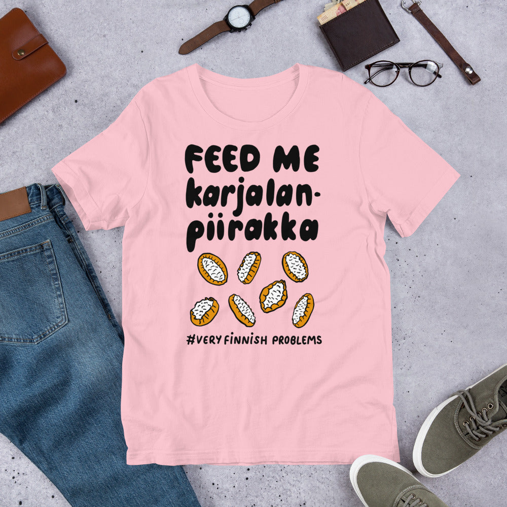 Feed Me Karjalanpiirakka Finnish Food T-Shirt - Finnish t-shirt from Very Finnish Problems