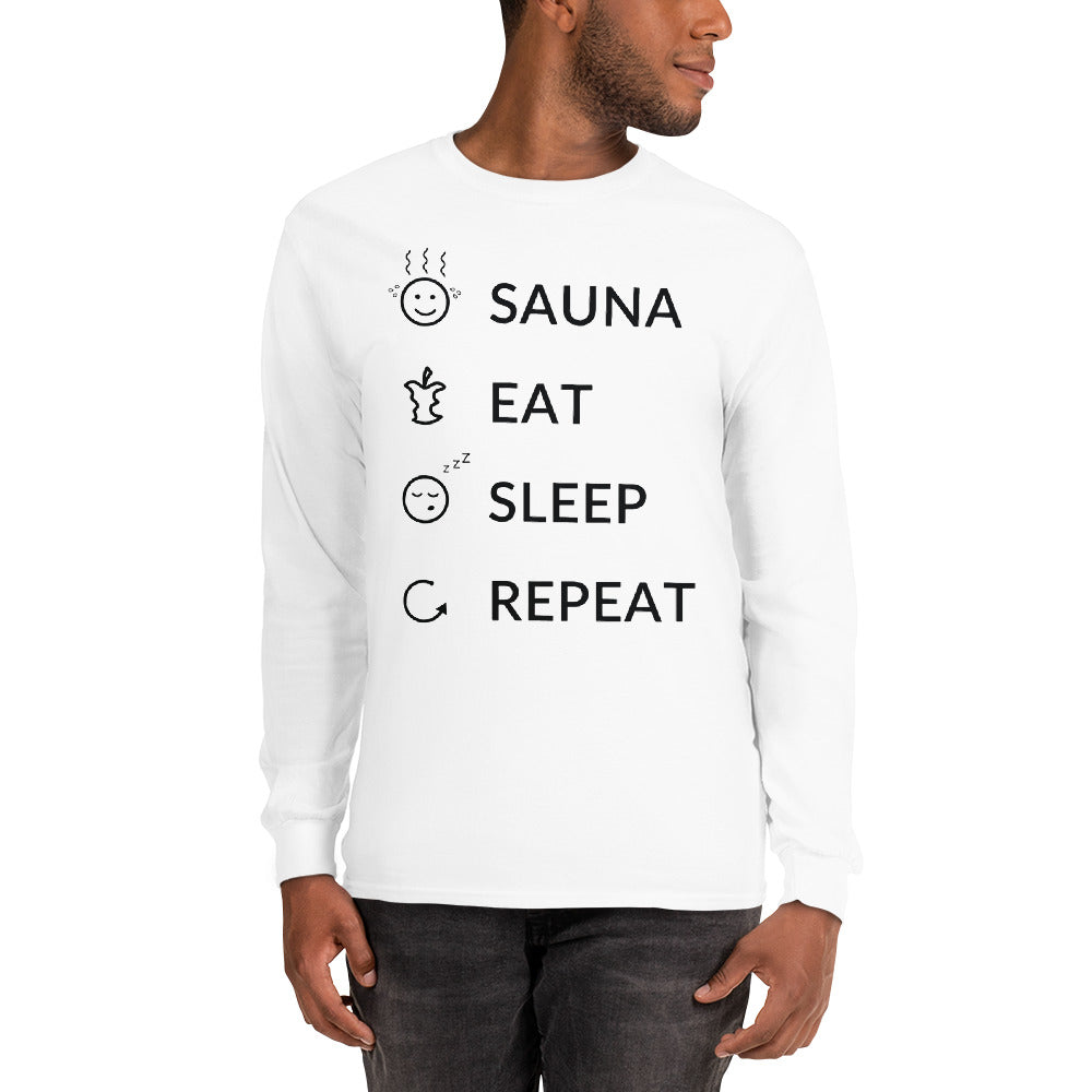 Sauna eat sleep repeat Men’s Long Sleeve Shirt Finnish long sleeve t-shirt detail - Very Finnish Problems official merchandise