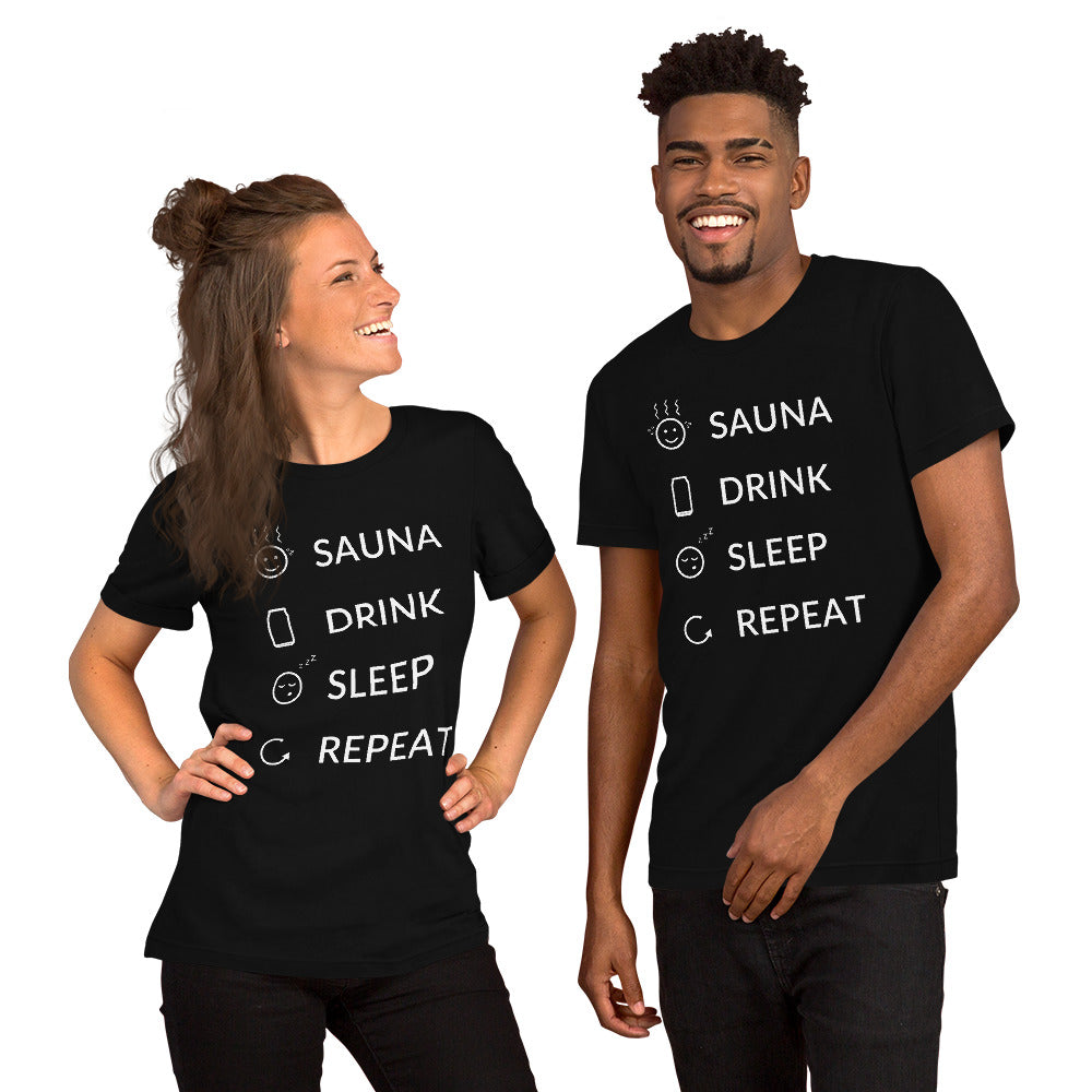 Sauna, Drink, Sleep, Repeat Finnish t-shirt - alternate view - Very Finnish Problems
