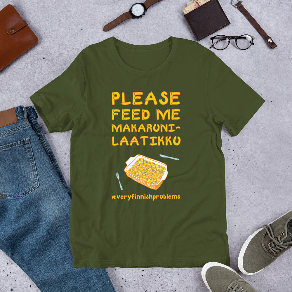Feed Me Makaronilaatikko Finnish Food T-Shirt - Finnish t-shirt from Very Finnish Problems