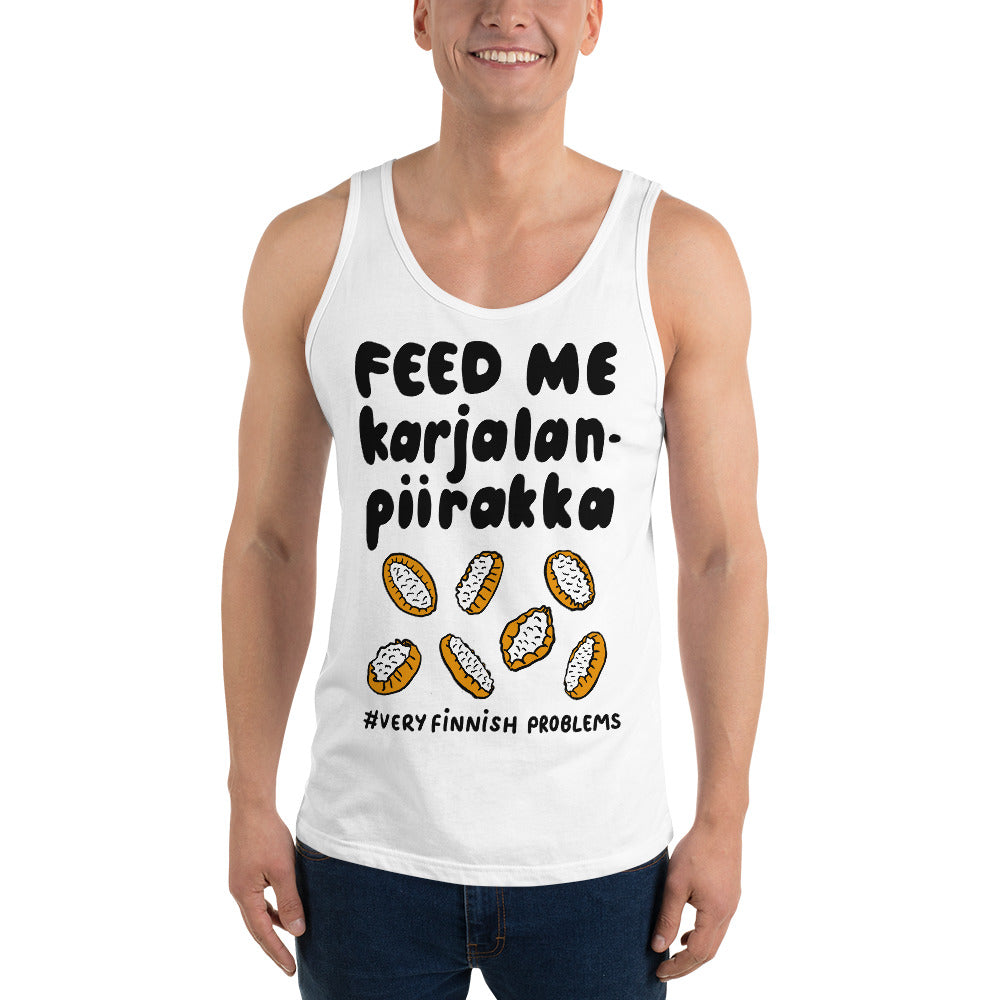 Feed Me Karjalanpiirakka Tank Top Finnish T-Shirt - Very Finnish Problems official t-shirt
