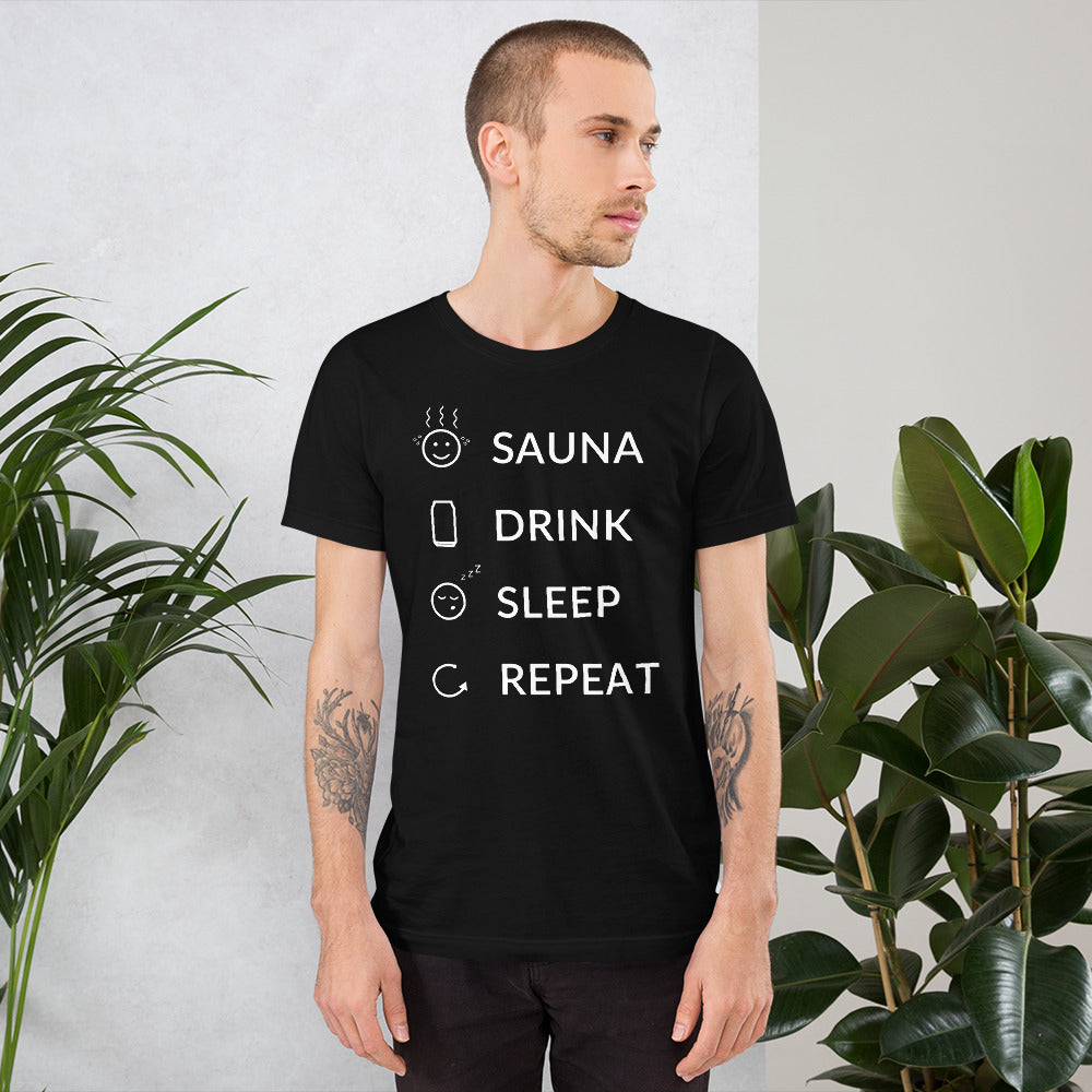 Sauna, Drink, Sleep, Repeat Finnish t-shirt detail - Very Finnish Problems official merchandise