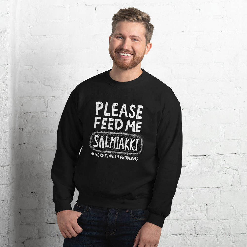 Feed me Salmiakki Finnish Food Sweatshirt - Very Finnish Problems official sweatshirt
