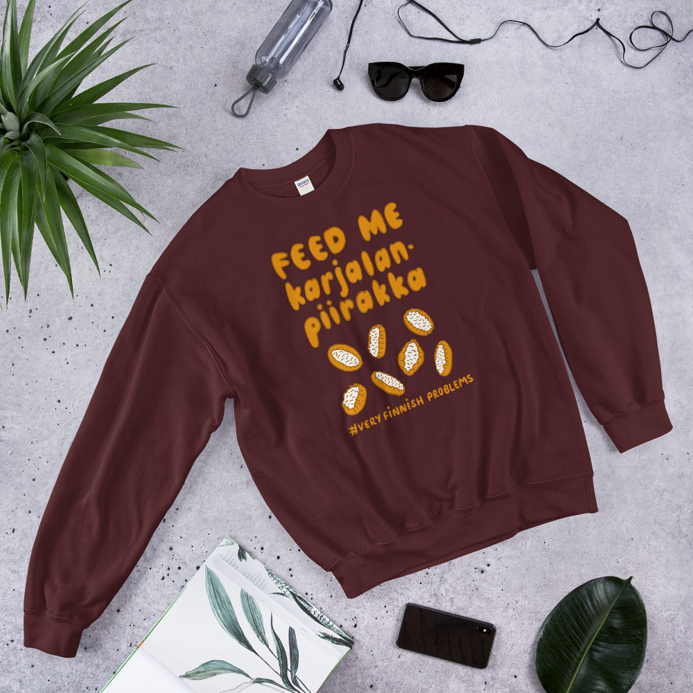 Feed me Karelian pies Finnish Food Sweatshirt - alternate view - Very Finnish Problems