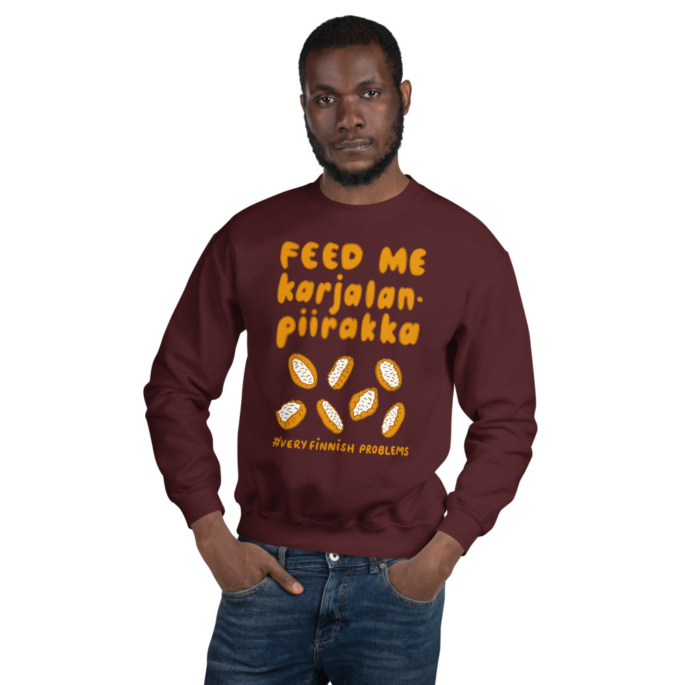 Feed me Karelian pies Finnish Food Sweatshirt - alternate view - Very Finnish Problems