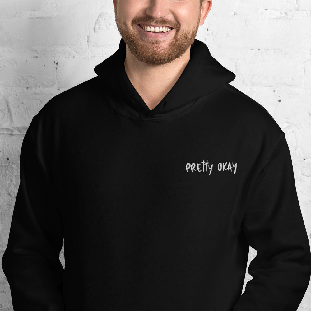 Pretty Okay Embroidered Finnish hoodie detail - Very Finnish Problems official merchandise