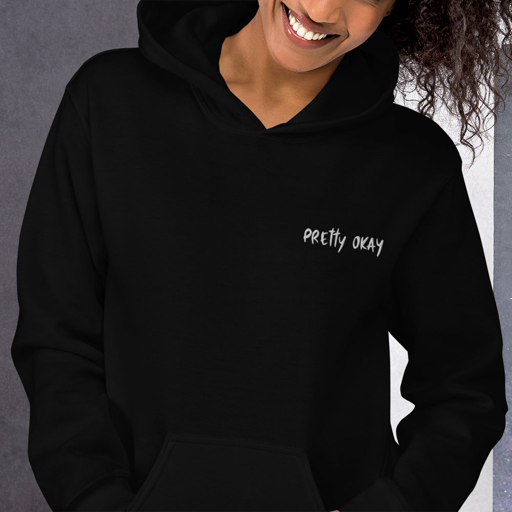 Pretty Okay Embroidered Finnish hoodie detail - Very Finnish Problems official merchandise