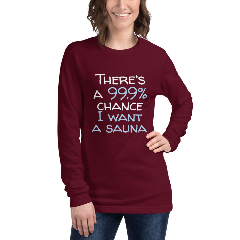 99.9 chance of sauna... Finnish long sleeve t-shirt detail - Very Finnish Problems official merchandise