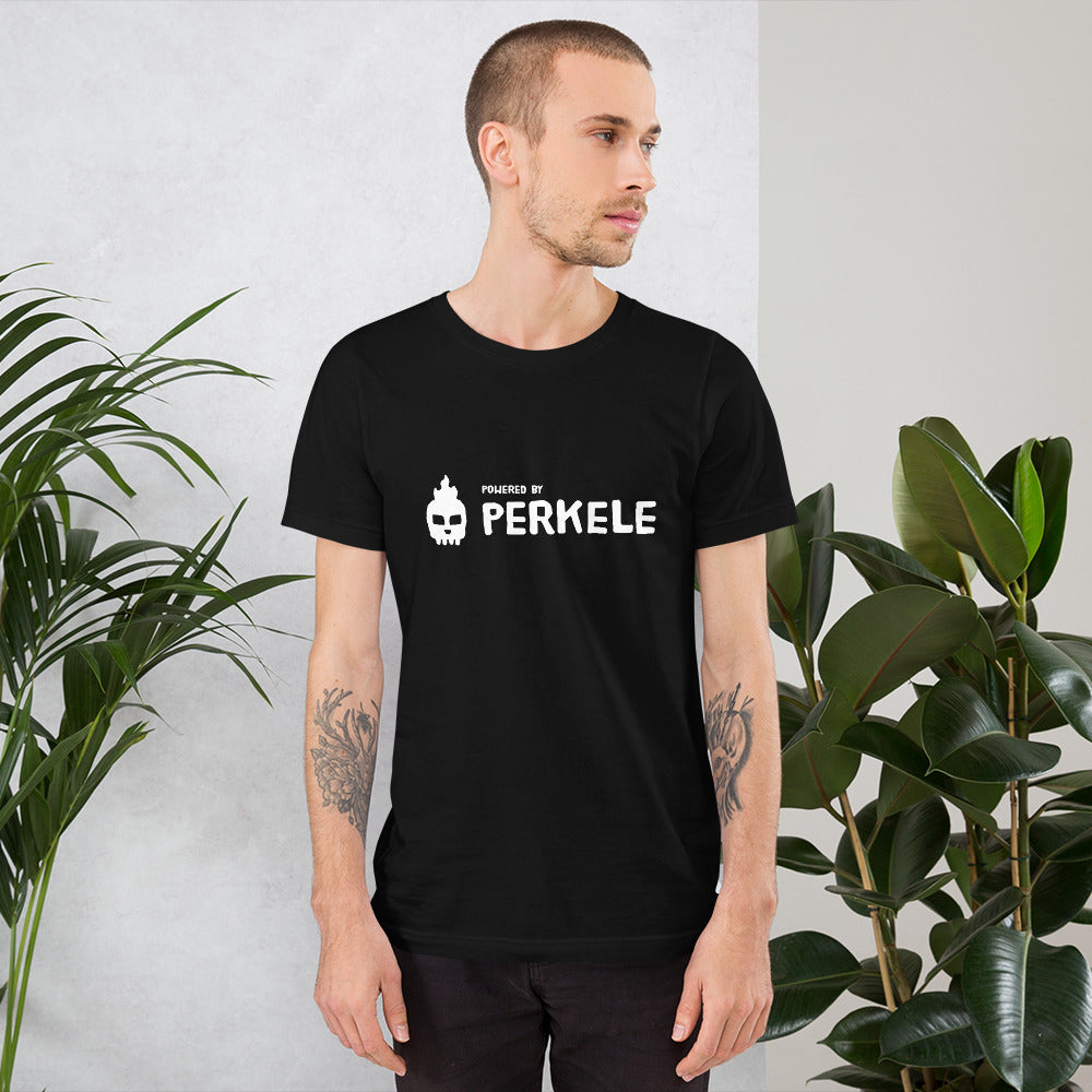 Powered by perkele Finnish t-shirt detail - Very Finnish Problems official merchandise