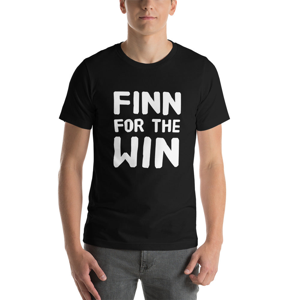 Finn for the Win Finnish sports t-shirt in black, front view, Very Finnish Problems