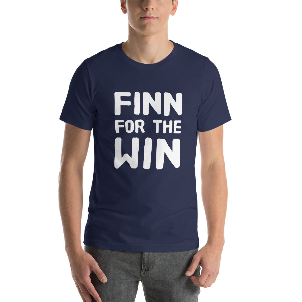 Finn for the Win Finnish sports t-shirt in navy, front view, Very Finnish Problems