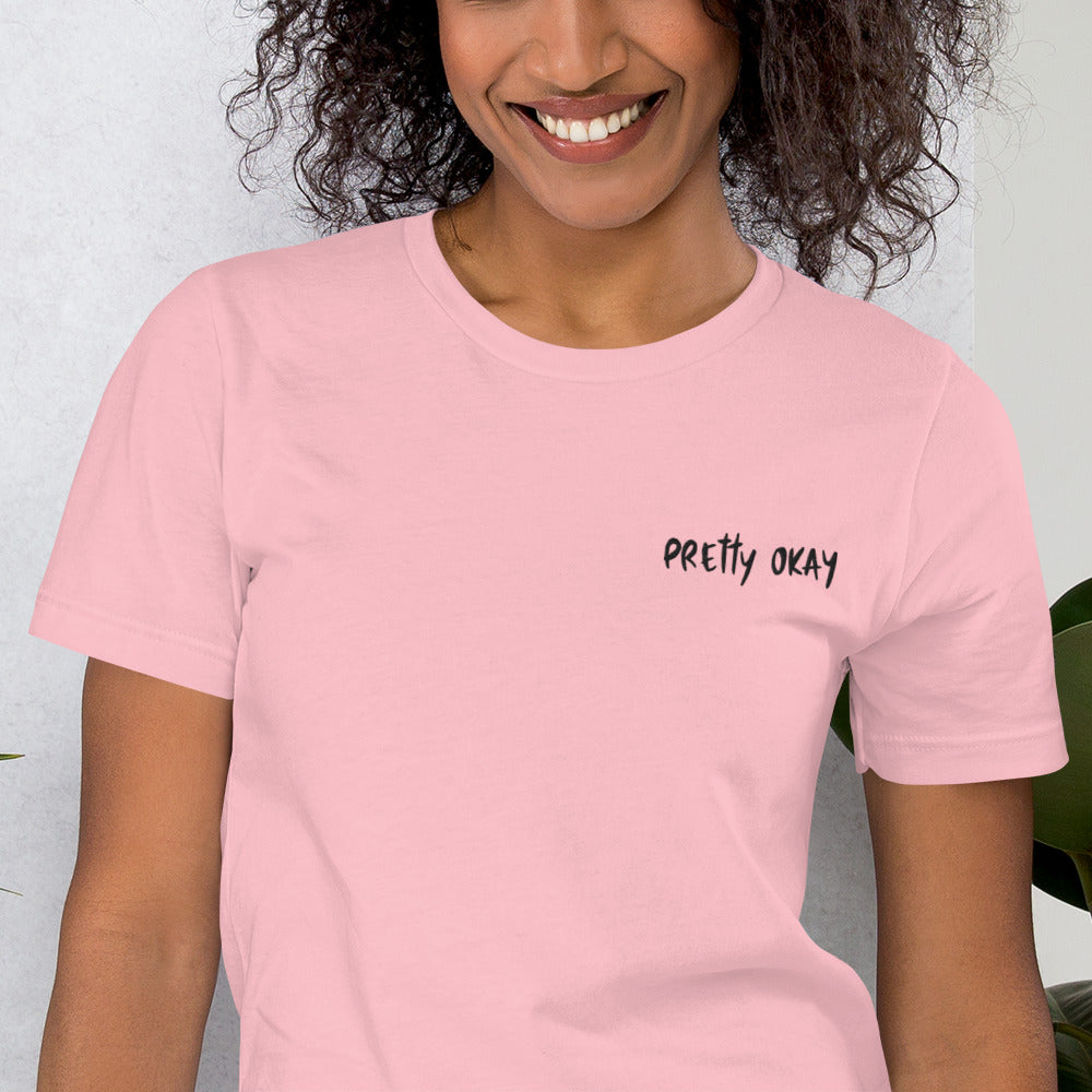 Pretty Okay Embroidered Finnish t-shirt detail - Very Finnish Problems official merchandise