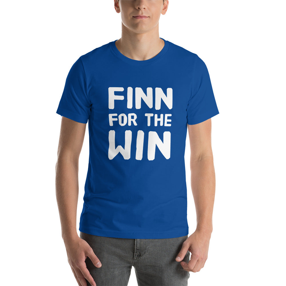 Finn for the Win Finnish sports t-shirt in royal blue, front view, Very Finnish Problems