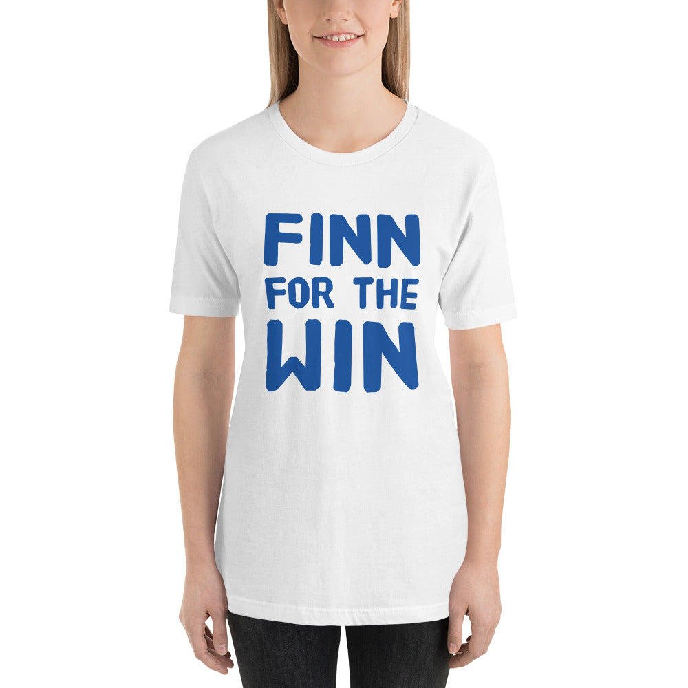 Finn for the Win Finnish sports t-shirt in white, front view, Very Finnish Problems